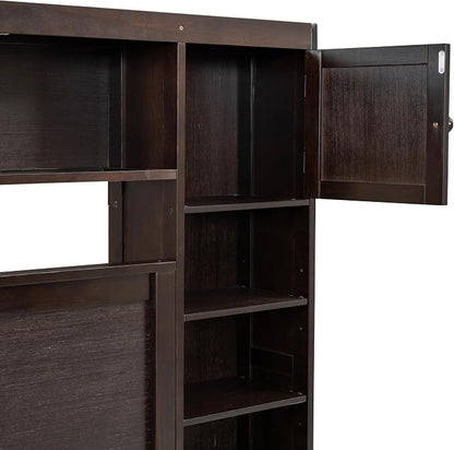 Merax Queen Size Wooden Bed with All-in-One Cabinet and Shelf, Espresso Platform Bed Frame with 2 Drawers, Trundle and Sockets