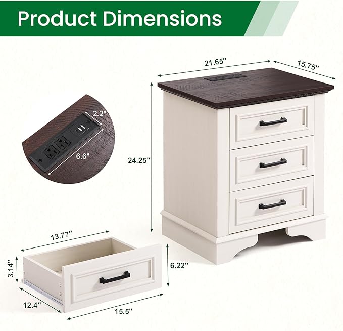 22-Inch Wide Modern Nightstand with Charging Station, End Table with 3 Large Drawers, Simple Design Bedside Table for Bedroom and Office,White(Single Piece)