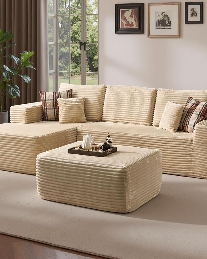 37" Plush Boneless Ottoman, Upholstered Cloud Footrest for Boneless Couch in a Box,Oversize Poufs for Living Room & Bedroom Sofa Ottoman,Comfy Seating with Dense Foam, Beige (Plush Corduroy Fabric)