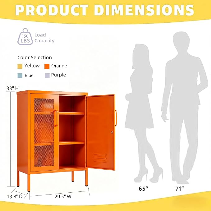Orange Metal Locker CabinetsMetal Locker Storage Cabinet with Mesh Doors and Adjustable Shelves Coffee Bar Cabinet,Kitchen Pantry Storage Cabinets for Home, Office, Entryway and Hallway ﻿