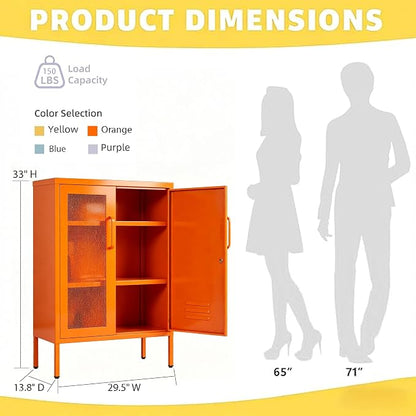 Orange Metal Locker CabinetsMetal Locker Storage Cabinet with Mesh Doors and Adjustable Shelves Coffee Bar Cabinet,Kitchen Pantry Storage Cabinets for Home, Office, Entryway and Hallway ﻿