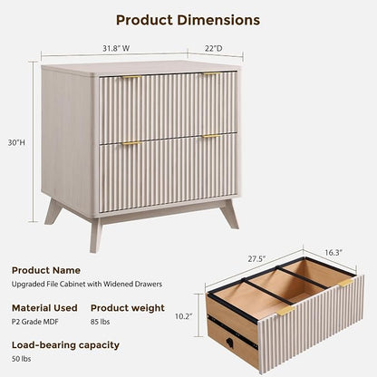 T4TREAM 2 Drawer File Cabinet, 31.8" W Fluted Lateral File Cabinet w/Files Hanging Rod for Letter/Legal/A4, Large Tabletop for Printer, Office Wood Printer Cabinets, Alder White (Gen 2)