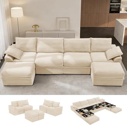 Upgrade Boneless Couch with Storage, Extra Deep&High Seat Modular Sectional Sofa 4 Seater U Shaped Cloud Couch with Ottoman, Tool-Free Assembly Sectional Couches for Living Room