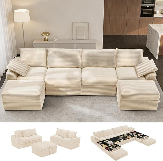 Upgrade Boneless Couch with Storage, Extra Deep&High Seat Modular Sectional Sofa 4 Seater U Shaped Cloud Couch with Ottoman, Tool-Free Assembly Sectional Couches for Living Room