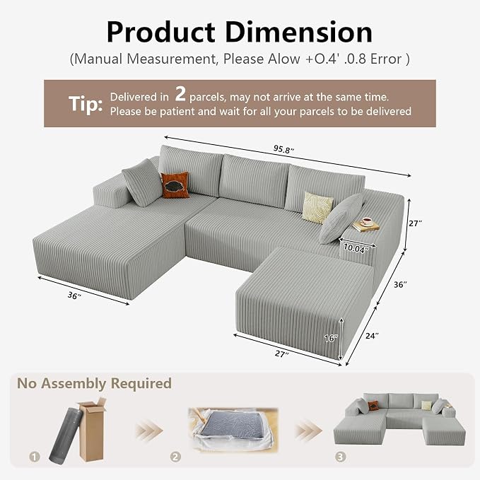 95" Cloud Sectional Couch U-Shaped Chaise with Ottoman, Corduroy Boneless Couch for Living Room Bedroom, Deep-Seat Upholstered Modular Cloud Sofa, No Assembly Required (Light Grey, Left Facing Chaise)