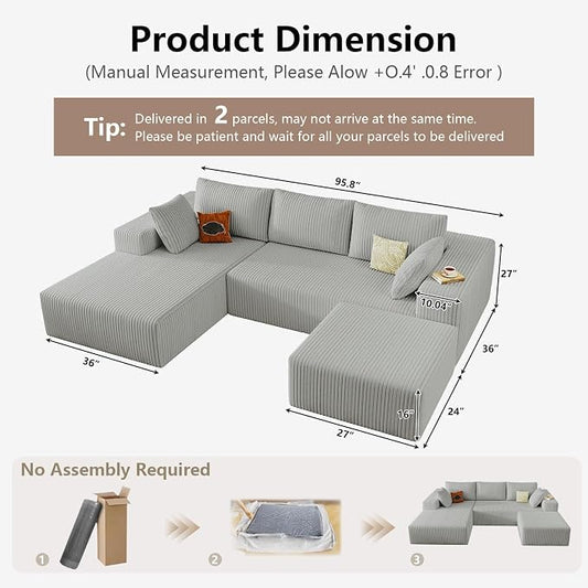 95" Cloud Sectional Couch U-Shaped Chaise with Ottoman, Corduroy Boneless Couch for Living Room Bedroom, Deep-Seat Upholstered Modular Cloud Sofa, No Assembly Required (Light Grey, Left Facing Chaise)