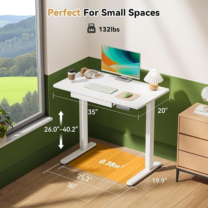 Gibbon Mounts 35inch Standing Desk with Drawer, Height Adjustable on Wheels | 18mm One-piece Desktop with Cable Clip, Electric Power Lift, 4 Lockable Casters, White Rising Workstation for Home & Office