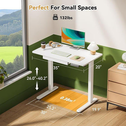 Gibbon Mounts 35inch Standing Desk with Drawer, Height Adjustable on Wheels | 18mm One-piece Desktop with Cable Clip, Electric Power Lift, 4 Lockable Casters, White Rising Workstation for Home & Office