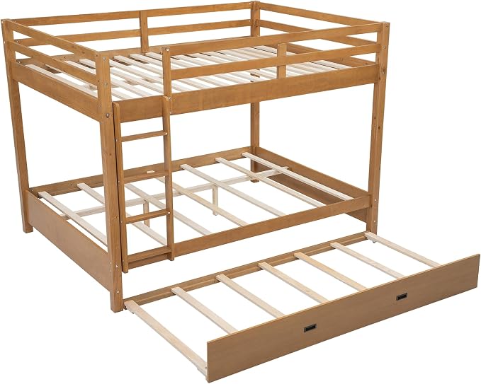 MERITLINE Queen Over Queen Bunk Bed with Twin XL Trundle, Solid Wood Bunk Bed with Ladders and Guardrails for Adults (Natural Wood)