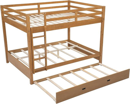 MERITLINE Queen Over Queen Bunk Bed with Twin XL Trundle, Solid Wood Bunk Bed with Ladders and Guardrails for Adults (Natural Wood)