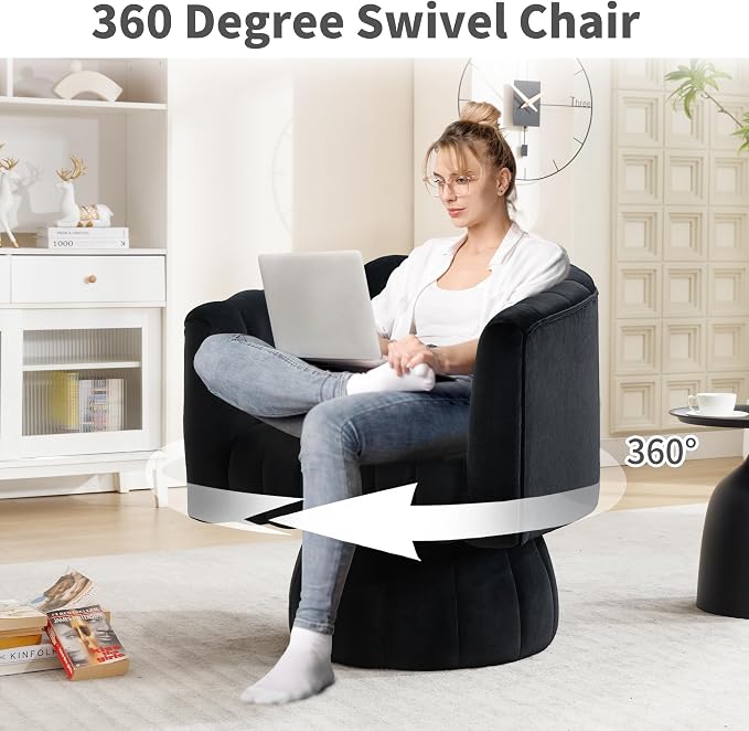 Swivel Accent Barrel Chair Set of 2- Cute Comfy Small Round 360° Arm Chair Velvet Sofa Club Reading Chair for Living Room Bedroom Office Black