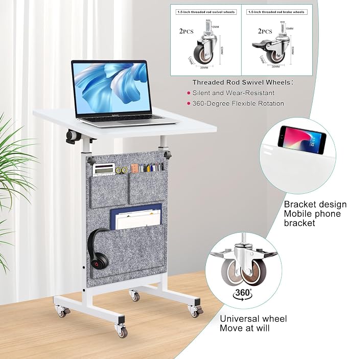 KOUPA Adjustable Height Standing Desk, 24 in Writable Tempered Glass Desktop with Eraser, 360° Flip, Wheels and Bag– Ideal for Small Spaces and Home Offices, White(Adjustable Height: 32-47 in)