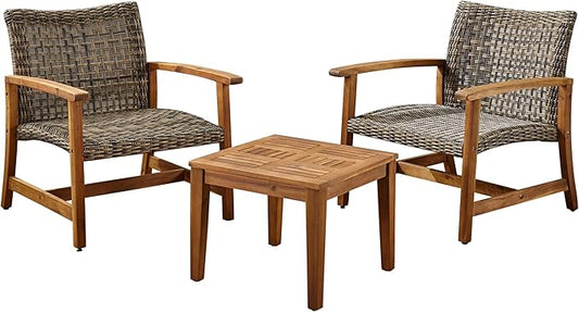 Christopher Knight Home Hampton Outdoor 3 Piece Wood and Wicker Club Chairs and Side Table Set, Gray