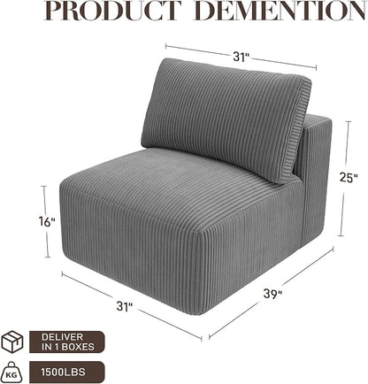Modular Sectional Sofa Extension, Armless Memory Foam Cloud Chair, 31" Boneless Corduroy Upholstered Single Seat, No Assembly Required Accent Chair for Living Room Apartment Home Decor, Grey