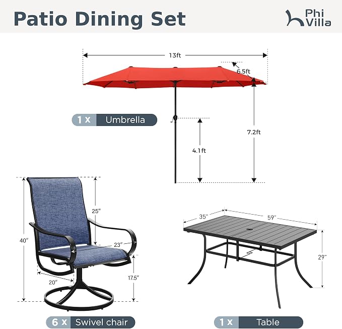 PHI VILLA 8 Piece Patio Dining Set with 13ft Patio Umbrella (Orange Red), 6 Outdoor Swivel Dining Chairs & 1 Large Metal Dining Table for Lawn Garden Backyard (No Umbrella Base)