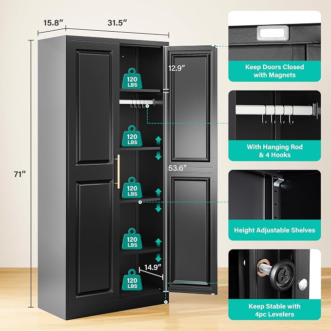 SISESOL 71" Tall Storage Cabinet with 9 Shelves and Hanging Rod,Kitchen Pantry Cabinet with 2 Door,Black Metal Storage Cabinets,Large Cupboard for Home,Kitchen,Laundry,Bathroom