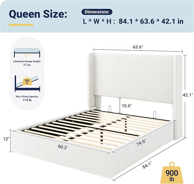 Allewie Queen Size Lift-Up Storage Bed Frame with Modern Wingback Headboard, Corduroy Upholstered Platform Bed, Hydraulic Gas Lift Support, Underbed Storage, Wooden Slats, No Box Spring Needed, White