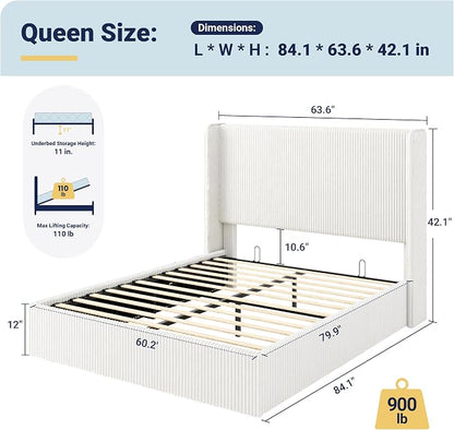 Allewie Queen Size Lift-Up Storage Bed Frame with Modern Wingback Headboard, Corduroy Upholstered Platform Bed, Hydraulic Gas Lift Support, Underbed Storage, Wooden Slats, No Box Spring Needed, White