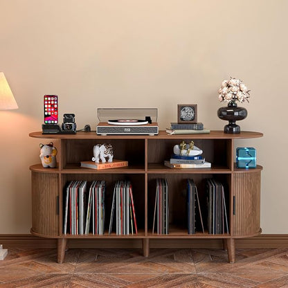 LUVIOHOME Large Round Record Player Stand with Charging Station & USB Ports，Record Storage Cabinet, Mid Century Modern Turntable Stand for Bedroom Living Room (Walnut)