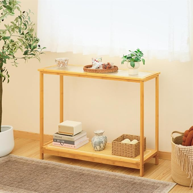Bamboo Narrow Console Table, 39.4"(L) Wood Small Entryway Table with Rattan and Glass, Accent Slim Hallway Tables, Thin Sofa Side Tables for Hallway, Living Room, Foyer, Burlywood