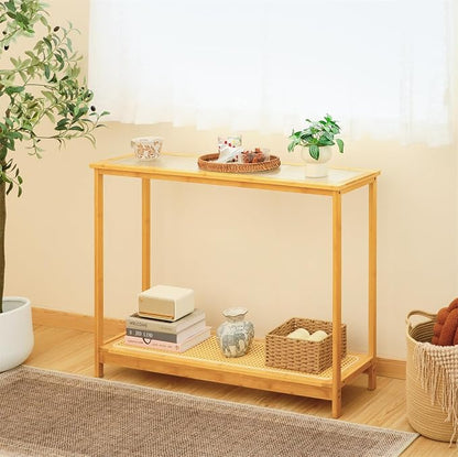 Bamboo Narrow Console Table, 39.4"(L) Wood Small Entryway Table with Rattan and Glass, Accent Slim Hallway Tables, Thin Sofa Side Tables for Hallway, Living Room, Foyer, Burlywood