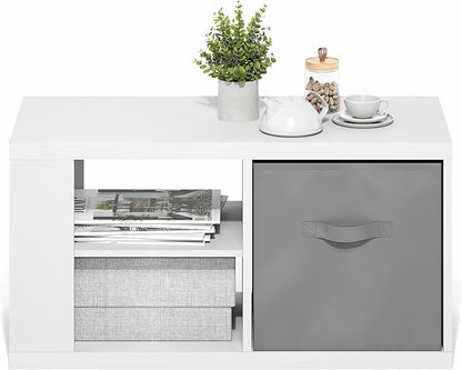 Furinno Viola Coffee Table, 3-Tier Modern Center Table with 1.2 Thick Tabletop, Side Table with Open Shelf and Storage Bin, for Living Room, Bedroom, Home Office, White/Light Grey