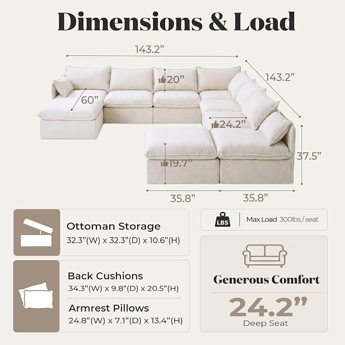 Cloud Modular Hosting Sectional, Oversized Deep Seat Comfort, Linen Blend | Fully Removable Washable Covers, Memory Foam Seat Cushions, Storage Ottoman, Premium Fabric