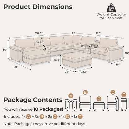 SITJOY Large Cloud Couch, 138" Wide 6 Seater V Shaped with Console, Brown | Pet-Friendly Scratch-Resistant Leather Sectional Sofas for Living Room, Deep Seat Wide Couch with Chaise, Storage Ottoman