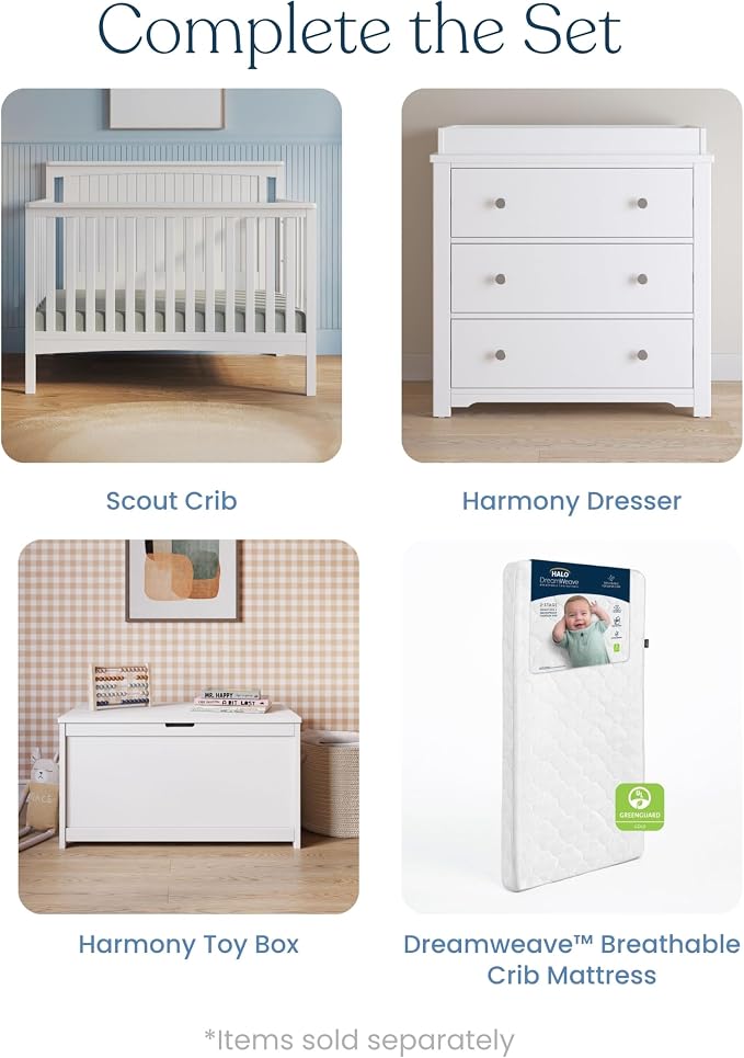 Child Craft Scout 4-in-1 Convertible Crib, Baby Crib Converts to Day Bed, Toddler Bed and Full Size Bed, 3 Adjustable Mattress Positions, Non-Toxic, Baby Safe Finish (Matte White)