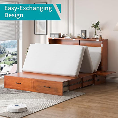 BALUS Queen Murphy Bed with Mattress Included, Cabinet Bed with Mattress & Built-in USB Ports & 2 Storage Drawers, Space-Saving Modern Murphy Beds Cabinet Guest Beds for Office -Cherry