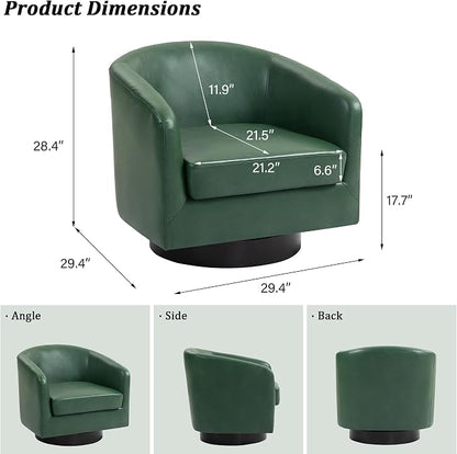Swivel Barrel Accent Chair, Modern Round Faux Leather Arm Chair for Living Room, Bedroom, Comfy Club Reading Chairs for Adults(Faux Leather, Green, Set of 2)