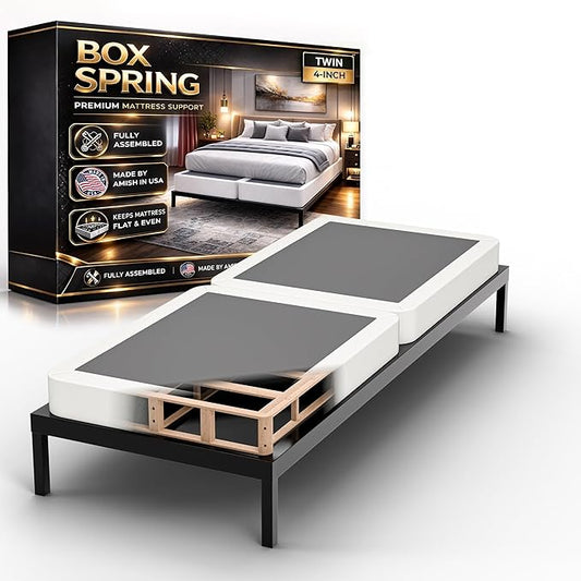Nutan, 4-Inch Sturdy Wood Box Spring for Mattress Support - Durable and Fully Assembled, Natural Wood Foundation for Twin, White