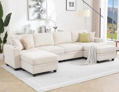 127" Modular Sectional Sofa with Storage, Corduroy 6-Seater U-Shaped Sofa with Ottoman Chaise, Cloud Sectional Couches for Living Room, Apartment