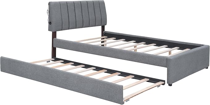 Bellemave Full Bed Frame with Trundle and LED Lights,Teddy Fleece Upholstered Platform Bed Frame with USB,Full Size Trundle Bed with Headboard for Kids Teens Adults,Gray