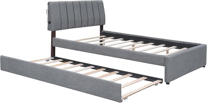 Bellemave Full Bed Frame with Trundle and LED Lights,Teddy Fleece Upholstered Platform Bed Frame with USB,Full Size Trundle Bed with Headboard for Kids Teens Adults,Gray