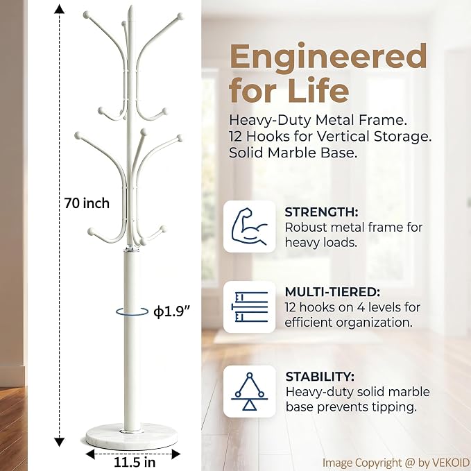 12 Hooks Metal Coat Rack Freestanding Coat Tree with Marble Base, Heavy Duty Coat Rack Stand for Clothes Hats Bags, Coat Hanger Stand for Corner Entryway Bedroom Office (White)
