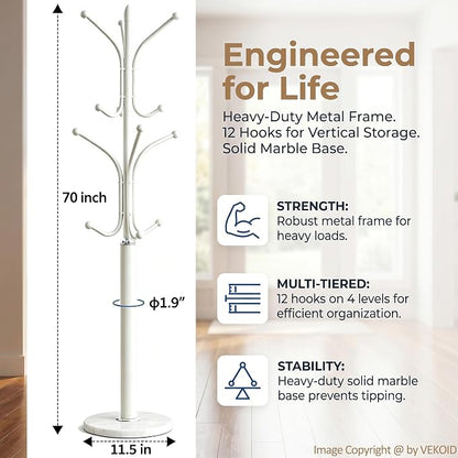 12 Hooks Metal Coat Rack Freestanding Coat Tree with Marble Base, Heavy Duty Coat Rack Stand for Clothes Hats Bags, Coat Hanger Stand for Corner Entryway Bedroom Office (White)