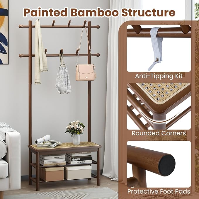 Giantex 3-in-1 Hall Tree with Bench and Shoe Storage, Bamboo Coat Rack Freestanding w/PE Rattan Bench, 11 Hanging Rods, 3 Tier Shoe Rack, Narrow Mudroom Storage Organizer for Entryway Bedroom, Brown