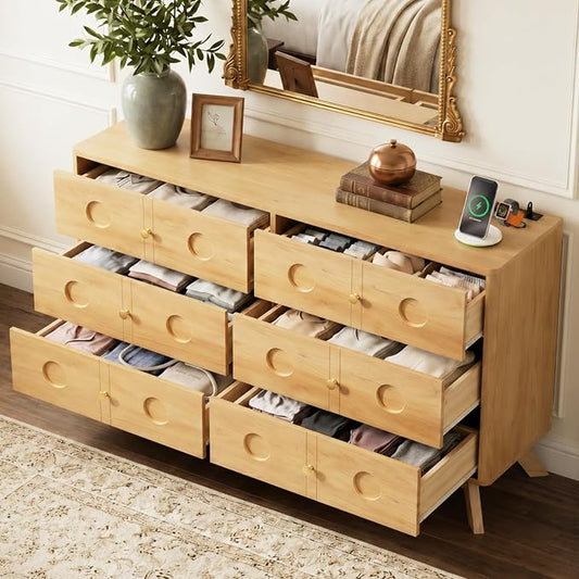Gyfimoie Dresser for Bedroom with 6 Drawers, 47.2" W Modern Chest of Drawers with Power Outlet, Wooden Dresser TV Stand, Wood Closet Clothes Storage Organizer for Living Room, Hallway, Natural Oak