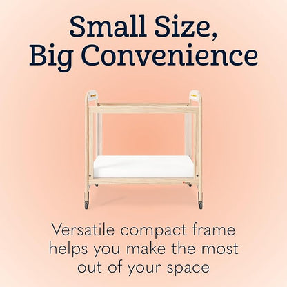 Foundations Serenity Compact 4 Side Clearview Daycare Crib Natural, Fixed Side, Durable Wood Construction, Non-Marking Casters (2 Locking), Includes 3” InfaPure Foam Mattress