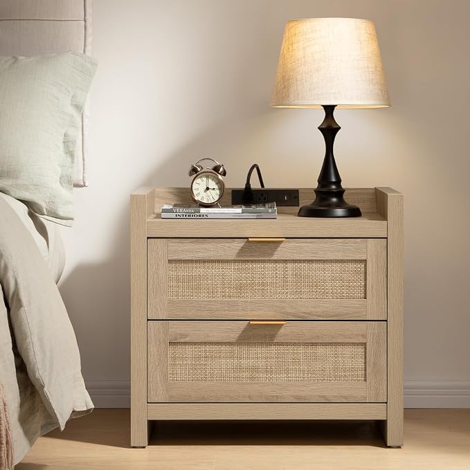 SICOTAS Rattan Nightstand Bedside Table - Night Stand with Type-C Charging Station, 2 Drawers Storage - Boho Night Stands End Table for Bedroom - Light Oak