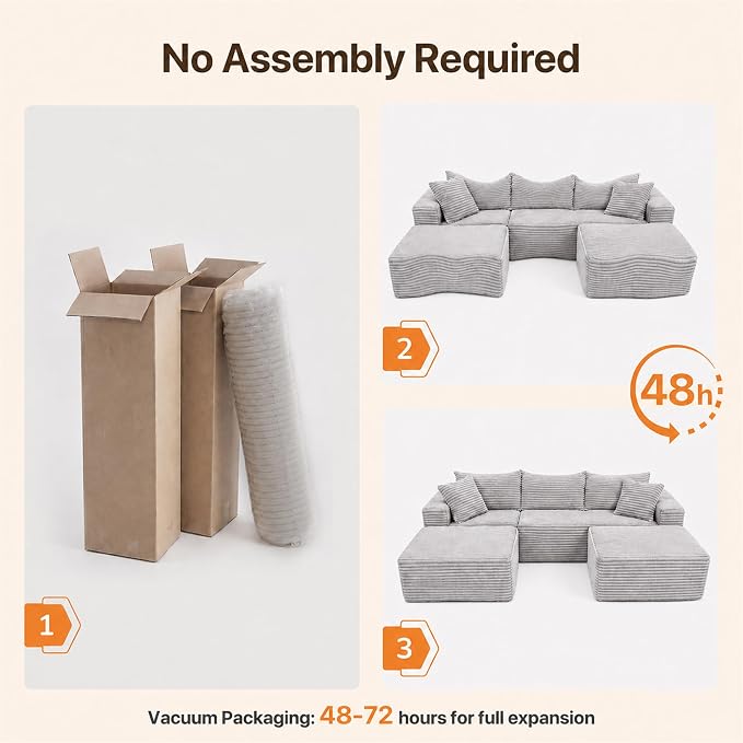 Claiks 94" Boneless Couch, Cloud Couch Sectional, U-Shape Corduroy Modular Sectional Sofa Deep Seat, Upholstered Couches for Living Room, No Assembly Required, Light Grey