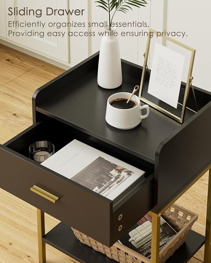 Masupu Nightstand,Bedside Table 3-Tier Modern Night Stand with Storage Drawer and Shelf,Small End Side Table for Bedroom,Living Room,Black (Without Outlet, Black)