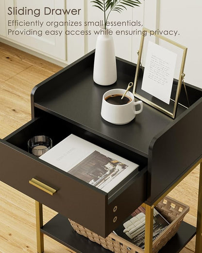 Masupu Nightstand,Bedside Table 3-Tier Modern Night Stand with Storage Drawer and Shelf,Small End Side Table for Bedroom,Living Room,Black (Without Outlet, Black)