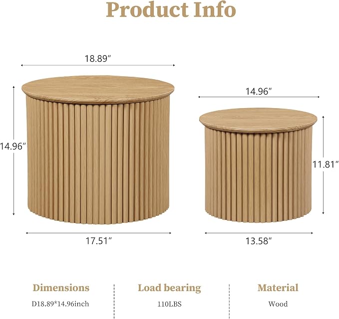 AVZEAR Round Nesting Coffee Table Set of 2, Small Fluted Coffee Table Circle Side Table, Boho Modern Wood Nesting Tables Farmhouse End Table Set for Living Room, Bedroom, Small Spaces(Natural)