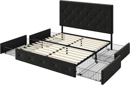Allewie Upholstered Full Size Platform Bed Frame with 4 Storage Drawers and Adjustable Headboard, Diamond Button Tufted, Wooden Slats Support, Noise-Free, No Box Spring Needed, Easy Assembly, Black