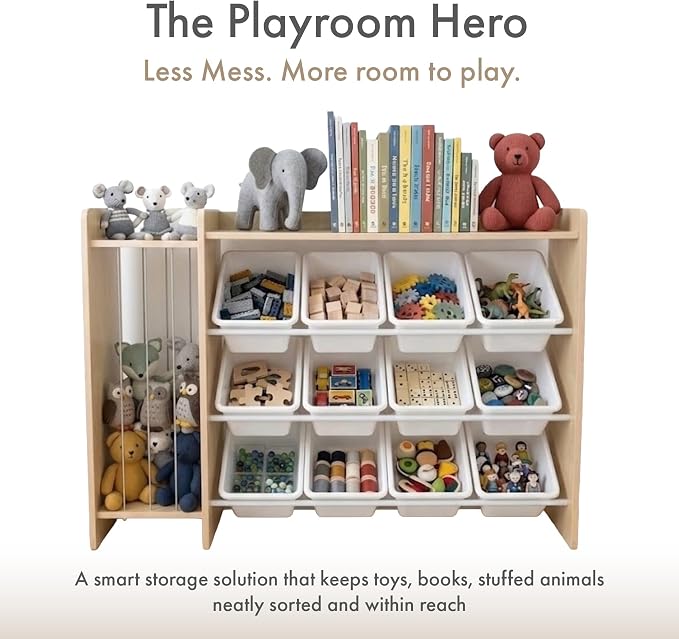 Humble Crew Toy Storage Organizer with Stuffed Animal Storage, 12 Removable Storage Bins for Kids Playroom, Toy Organization and Storage, Solid Wood, Natural/White