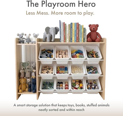 Humble Crew Toy Storage Organizer with Stuffed Animal Storage, 12 Removable Storage Bins for Kids Playroom, Toy Organization and Storage, Solid Wood, Natural/White