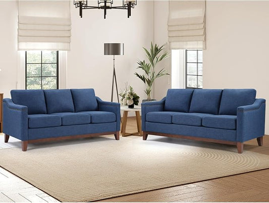 HAOMARKETS Classic 3-Seater Sofa Set of 2 with Nailhead Trim, High-Density Foam Cushions & Sturdy Solid Wood Legs, Soft Fabric Couch for Living Room, Blue