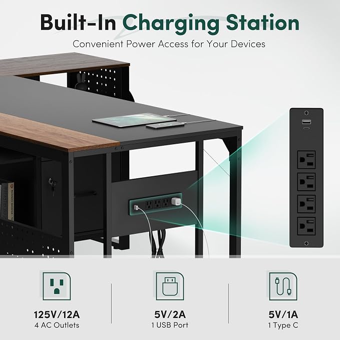 MALOL 70.3" L-Shaped Office Desk, Reversible L-Shaped Computer Desk with Power Outlet, Large Executive Desk with Locked File Drawers & Storage Shelves, Pegboard, Mobile CPU Stand, Modern Corner Desk